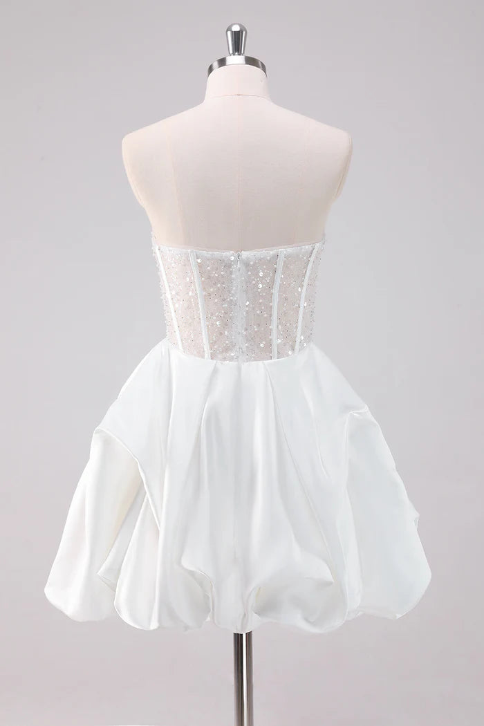 Weitese Dress Sparkly White A-Line Strapless Short Homecoming Dress Sleeveless Sequins Party Dress